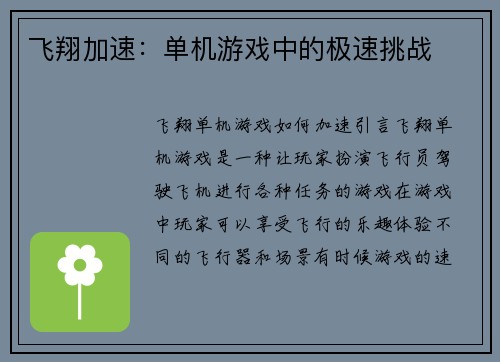 飞翔加速：单机游戏中的极速挑战